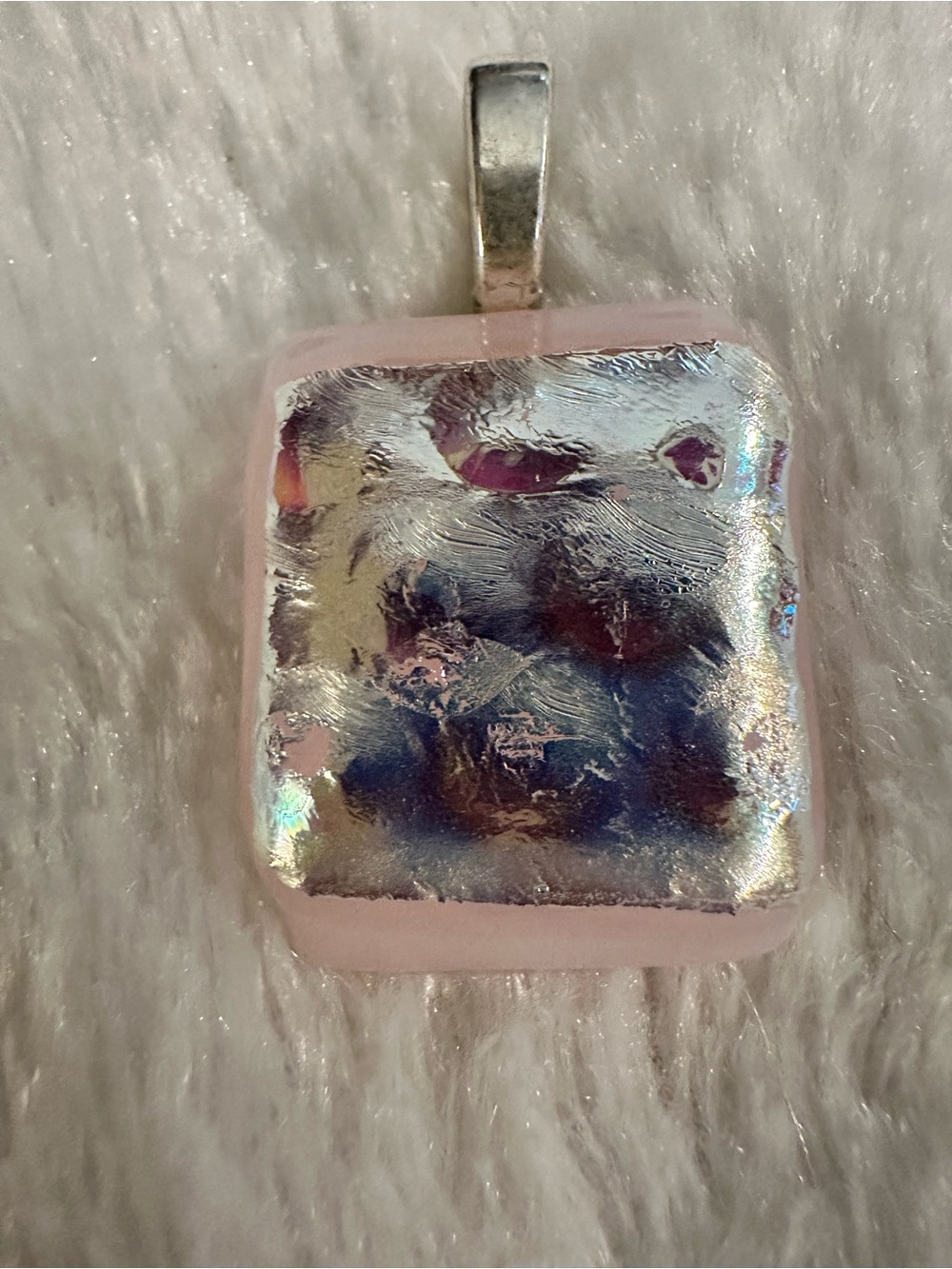 Dichroic Glass Pendant Necklace in Pink with Iridescent Silver.